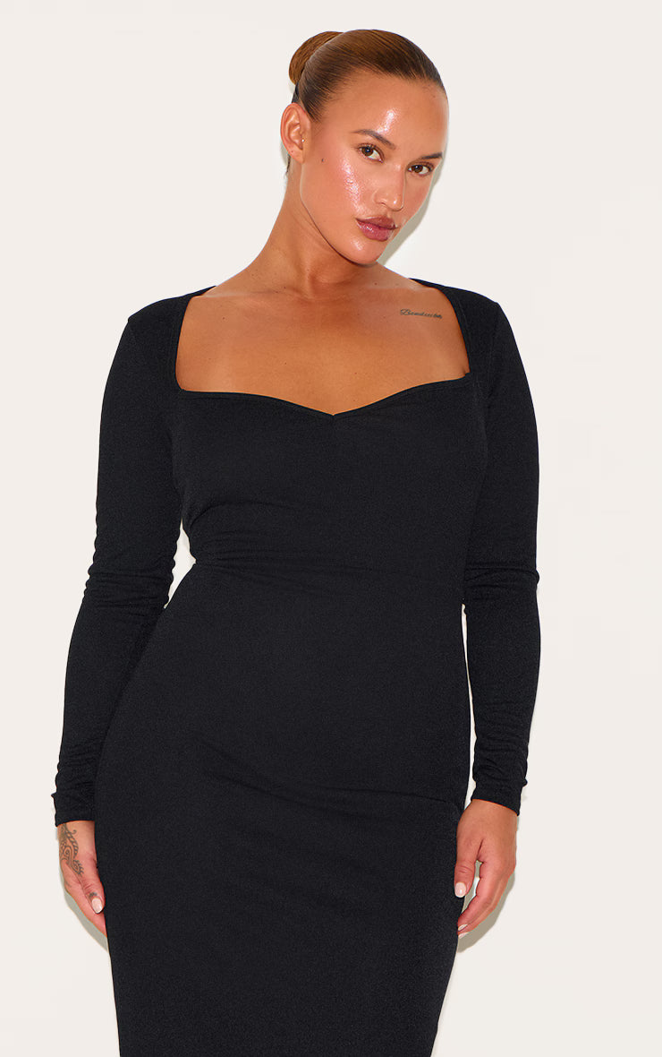 Plus Black Sweetheart Neck Long Sleeve Midi Dress