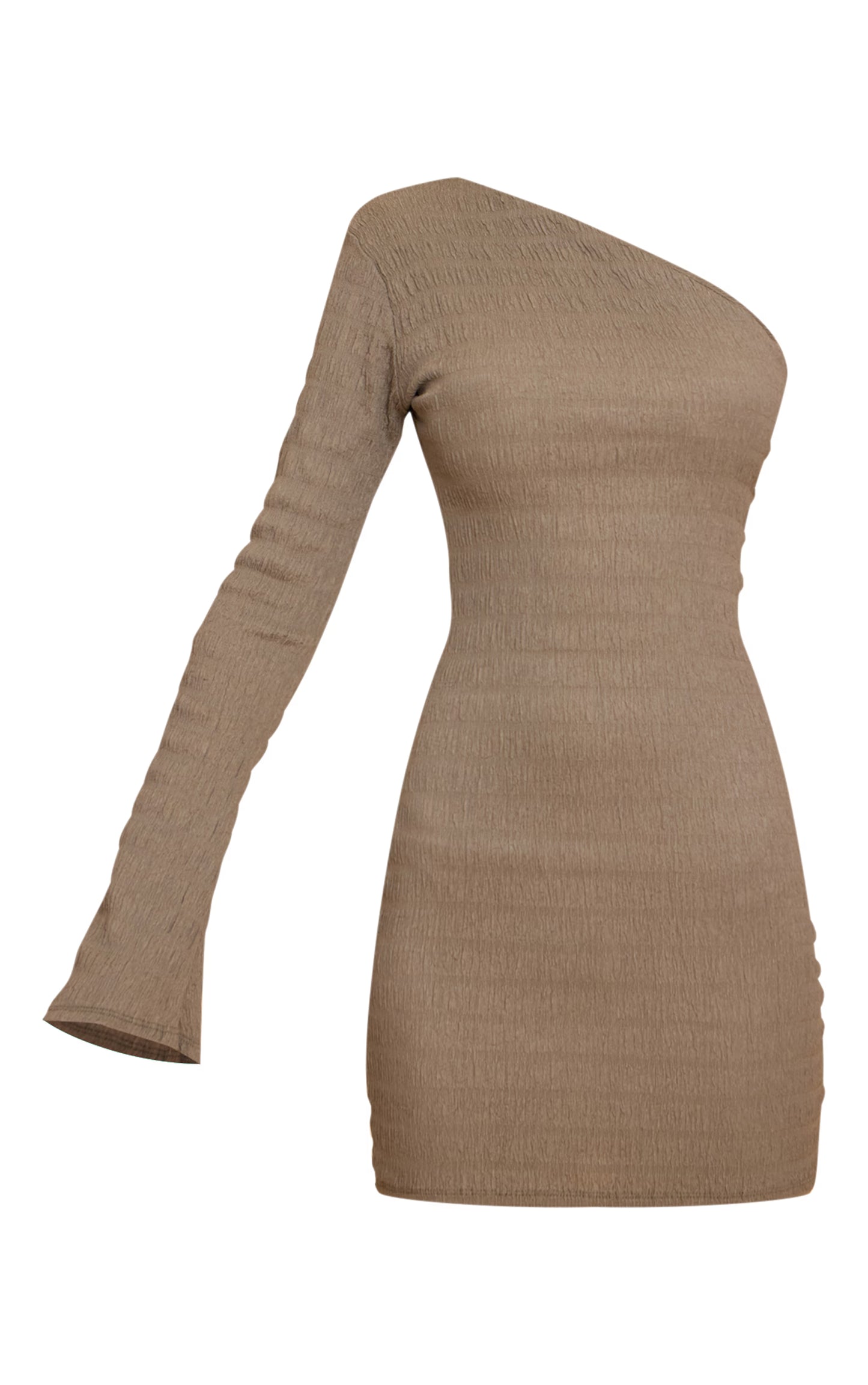 Khaki Textured One Shoulder Long Sleeve Bodycon Dress