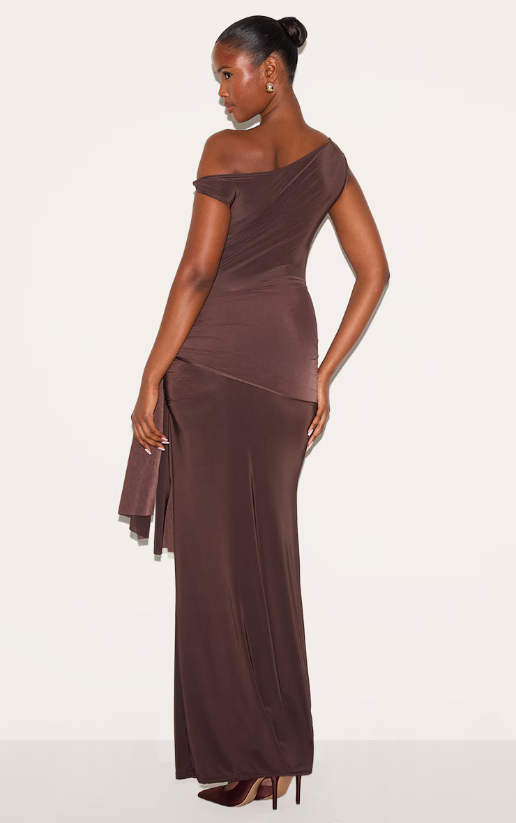 Chocolate Slinky Off Shoulder Wrap Detail Maxi Dress