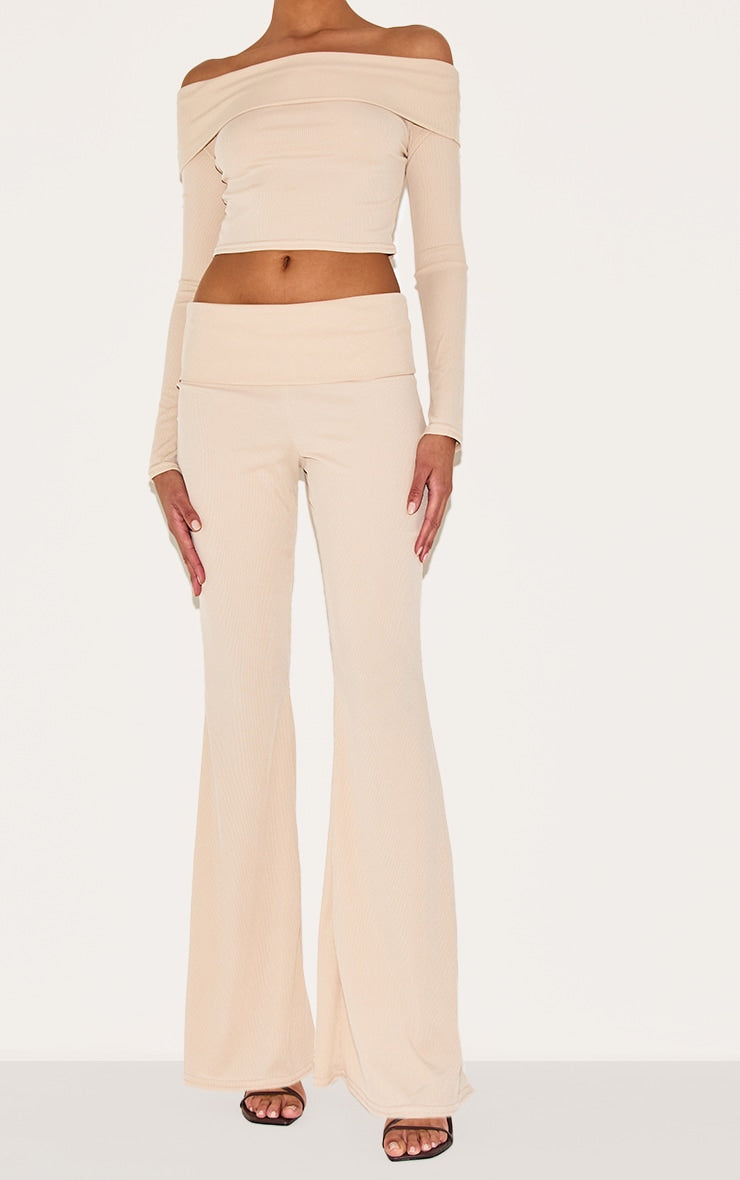 Beige Rib Low Rise Foldover Flared Pants