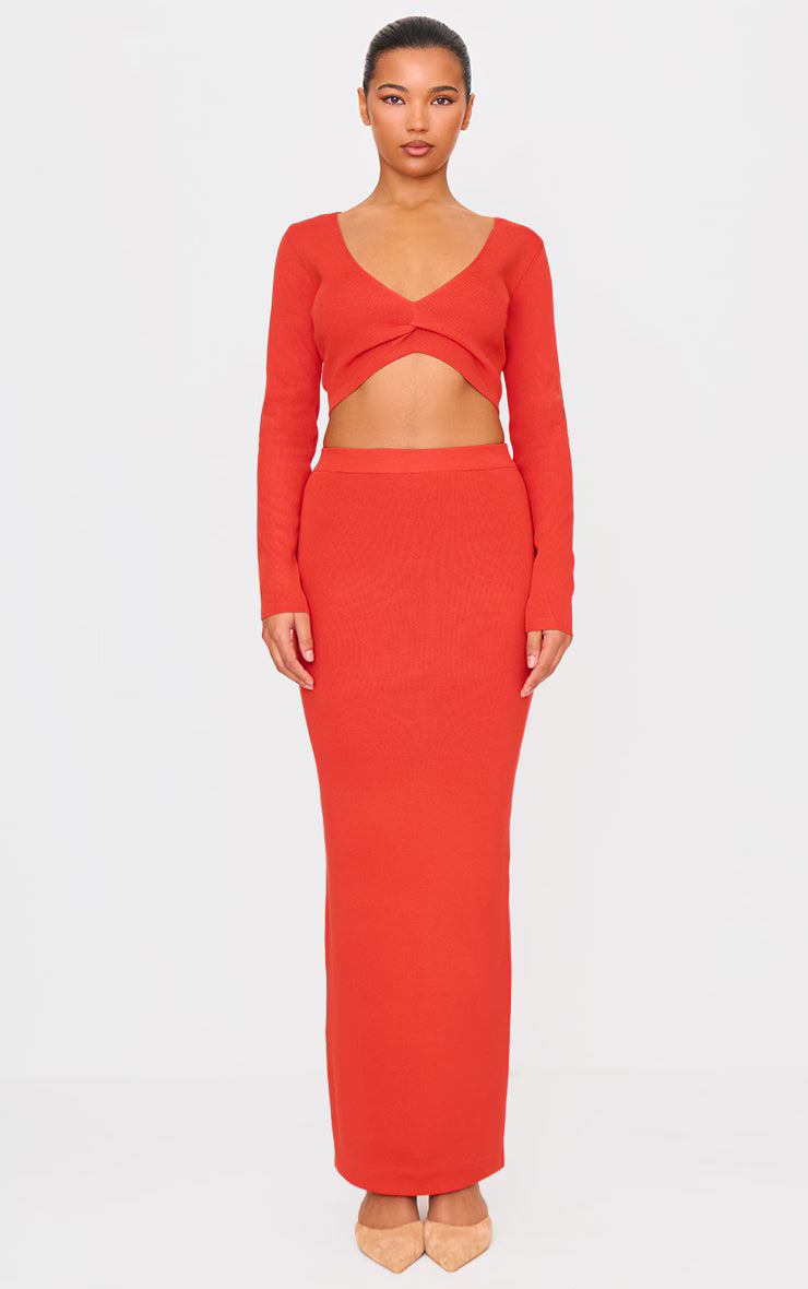 Red Soft Rib Knit Twist Front Long Sleeve Top