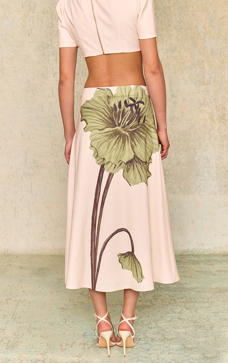 Ecru Floral Printed Midaxi Skirt