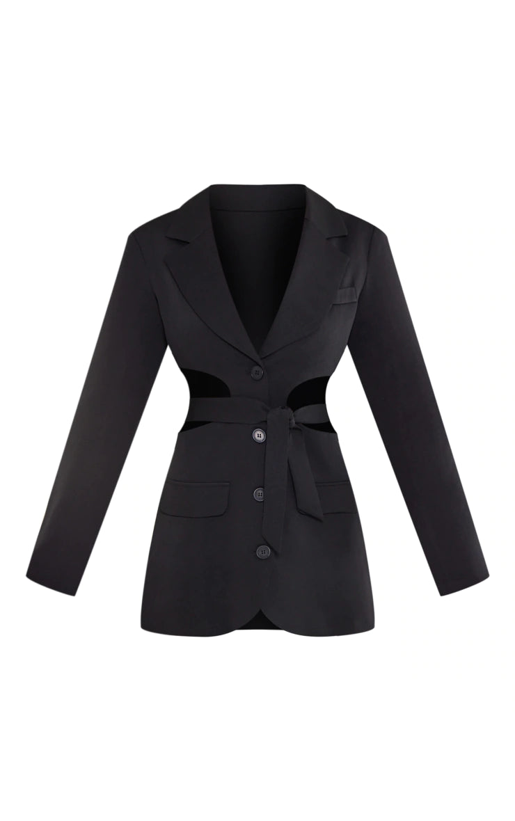 Black Plunge Side Cut Out Tie Detail Blazer Dress