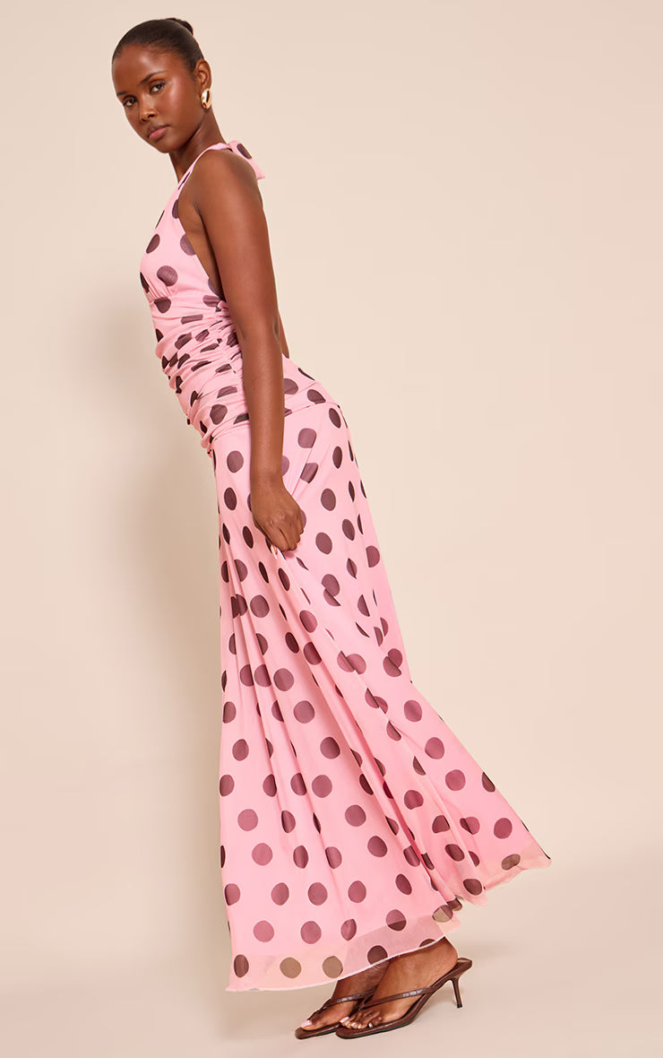 Pink Polka Dot Chiffon Halterneck Maxi Dress