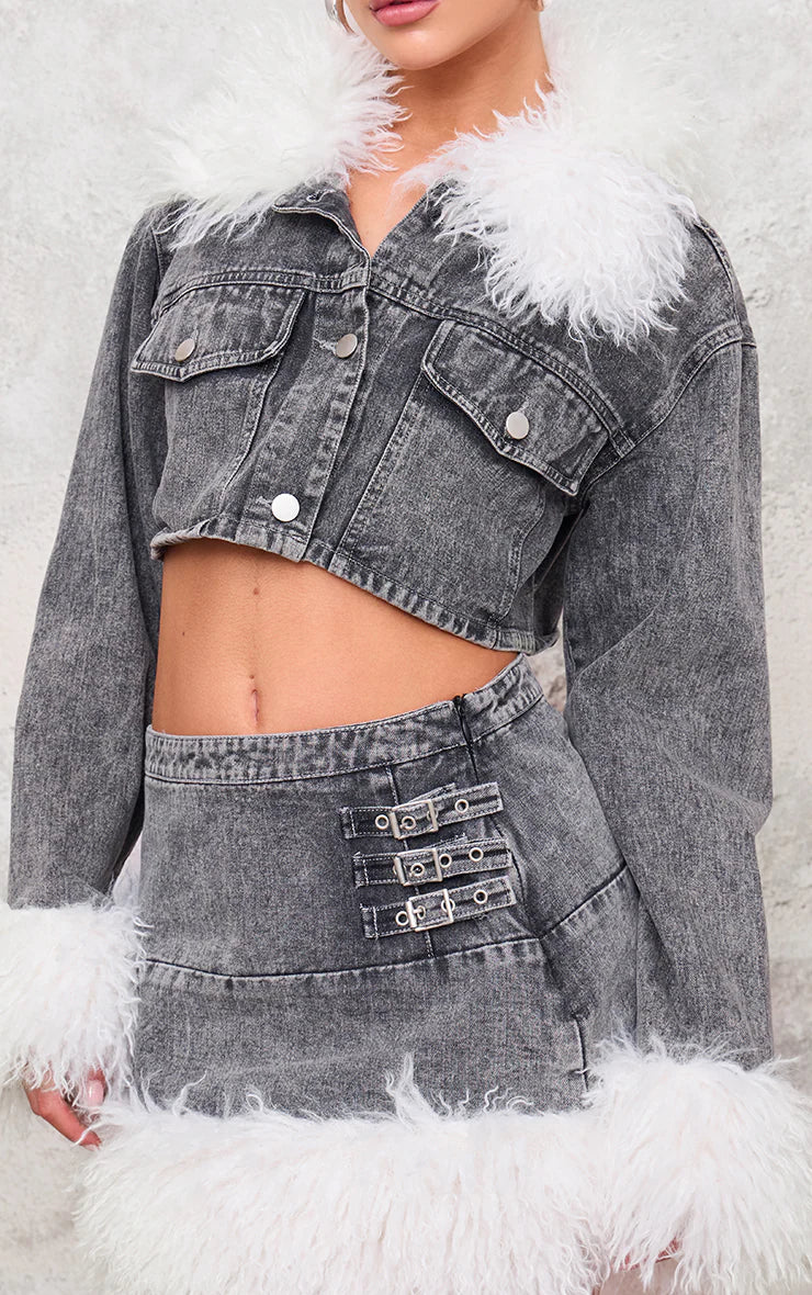 Washed Grey Denim Cropped Faux Fur Trim Detail Jacket