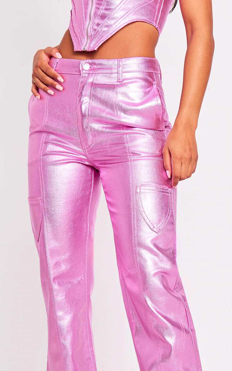Pink Metallic Denim Stitch Detail Straight Leg Jeans