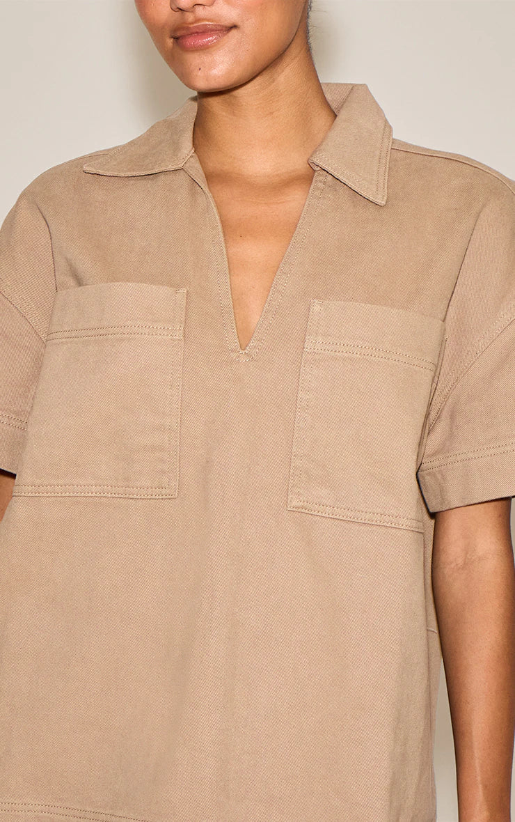 Stone Boxy Pocket Detail Short Sleeve Denim Rugby Shirt