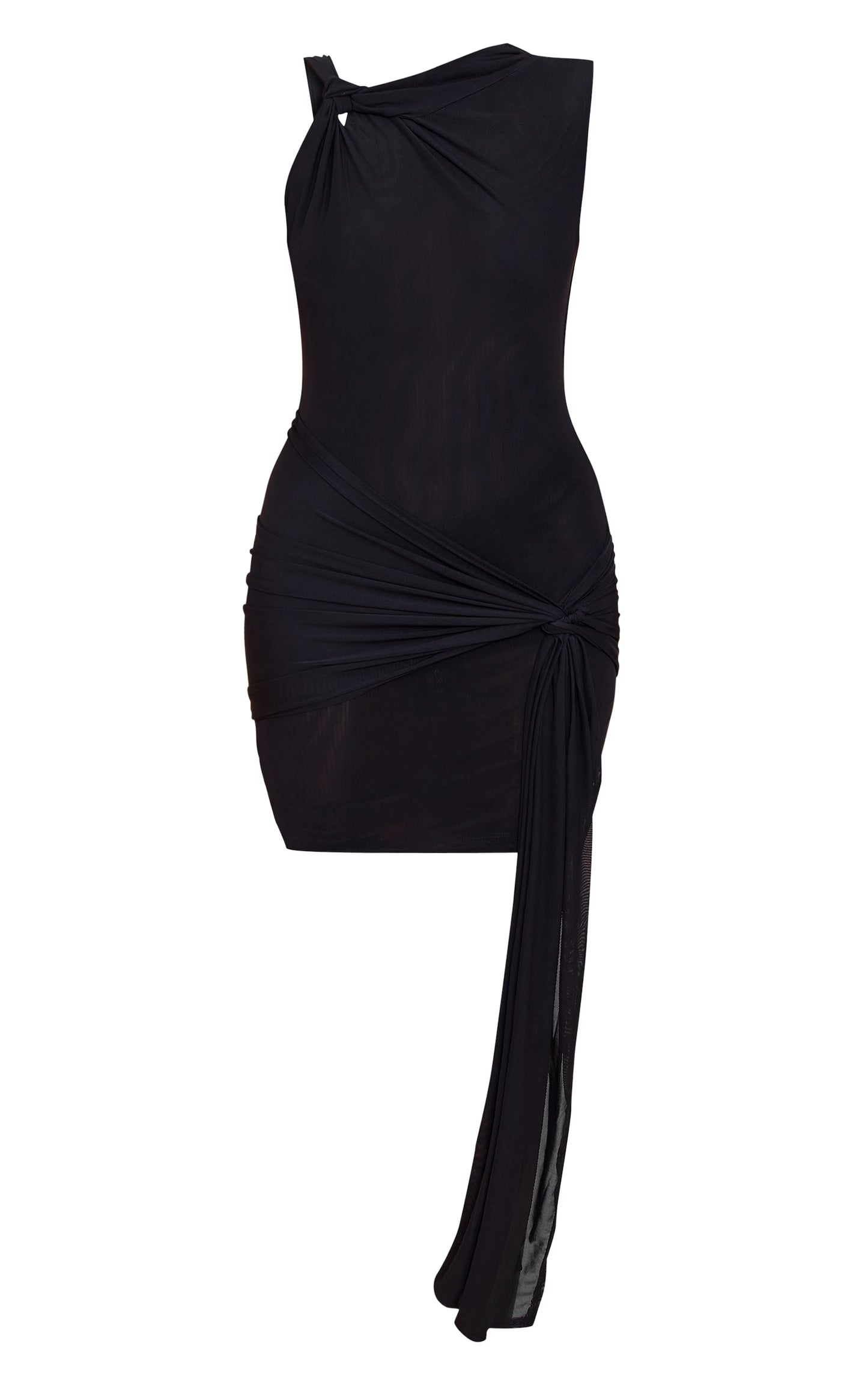 Black Double Layer Mesh Twist Detail Mini Dress