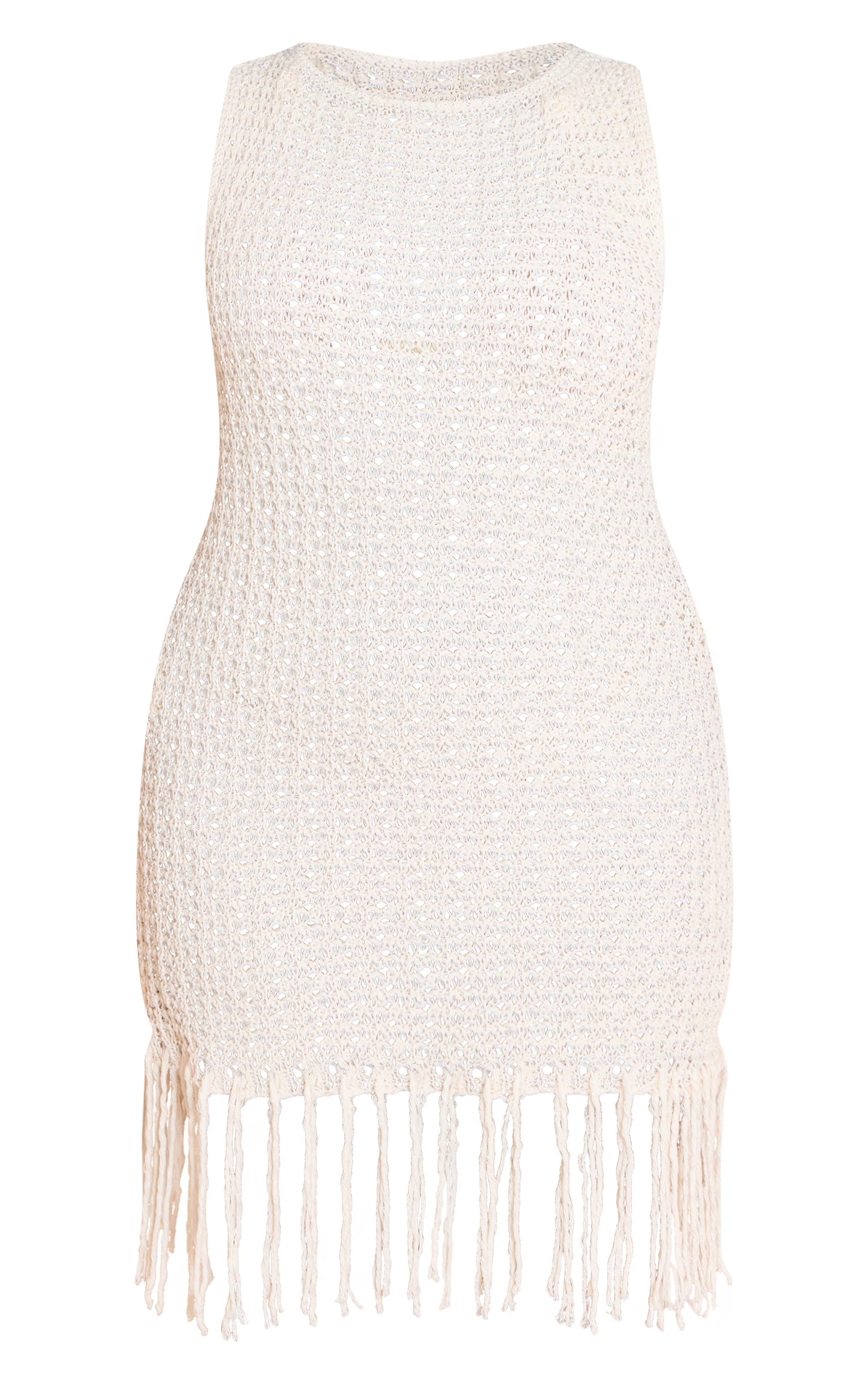 Plus Ecru Crochet Boat Neck Tassle Mini Dress