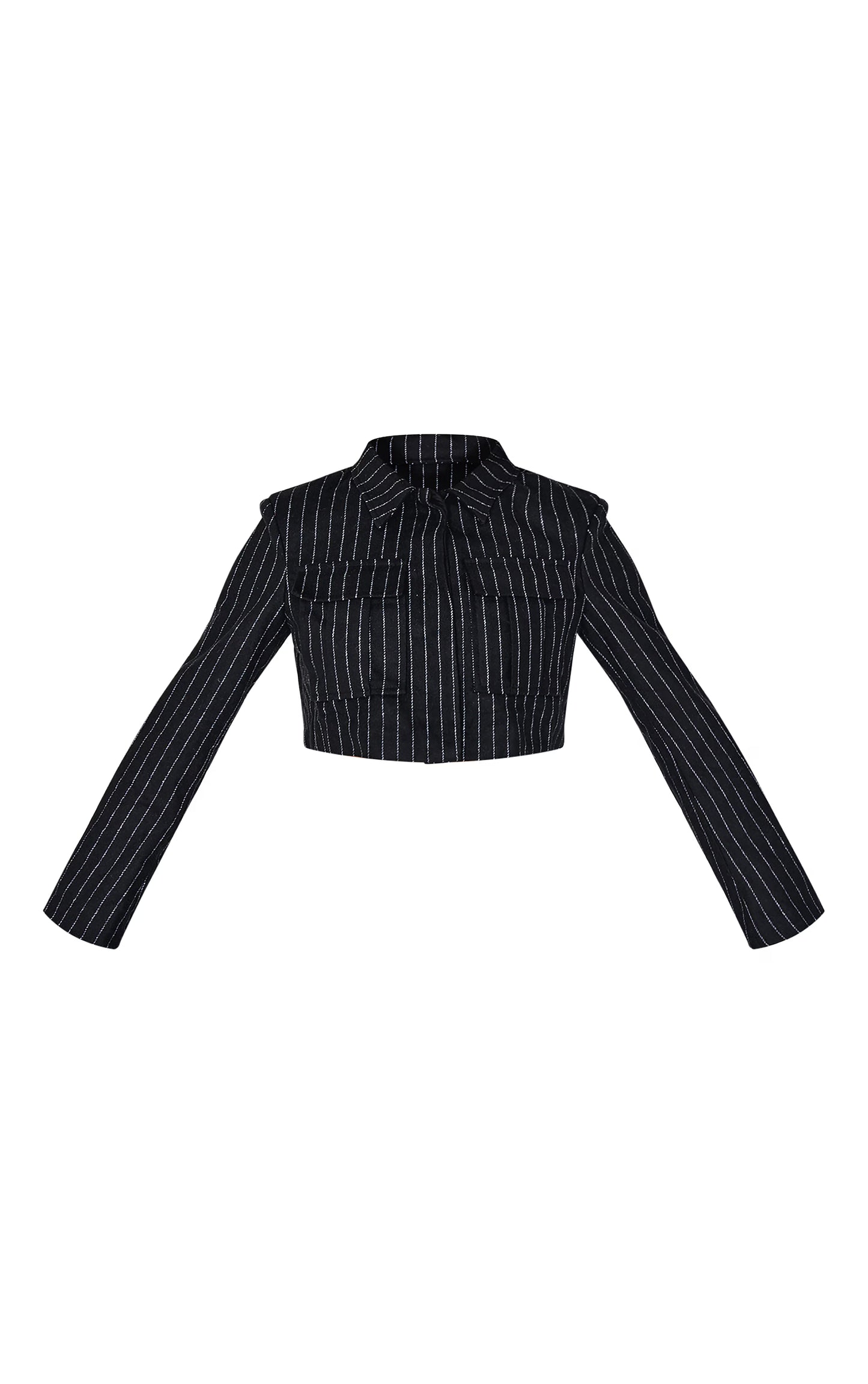 Black Premium Pinstripe Pocket Detail Cropped Shirt