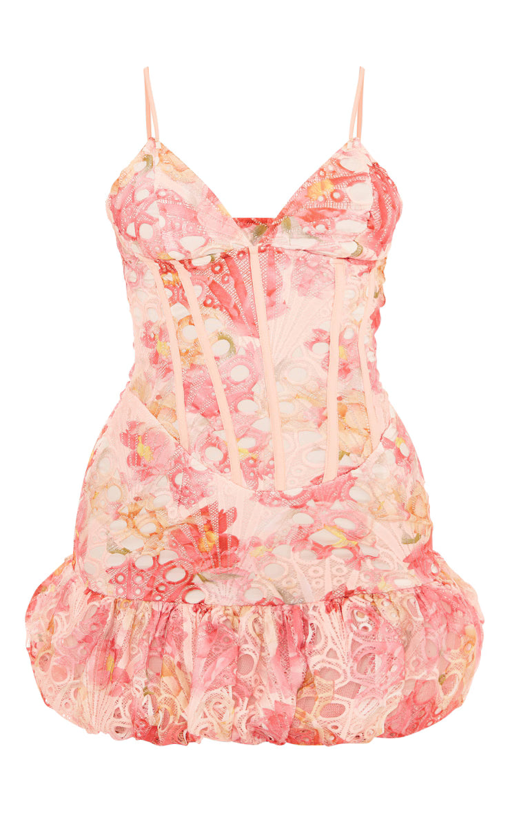 Multi Floral Cup Detail Extreme Puff Ball Hem Mini Dress
