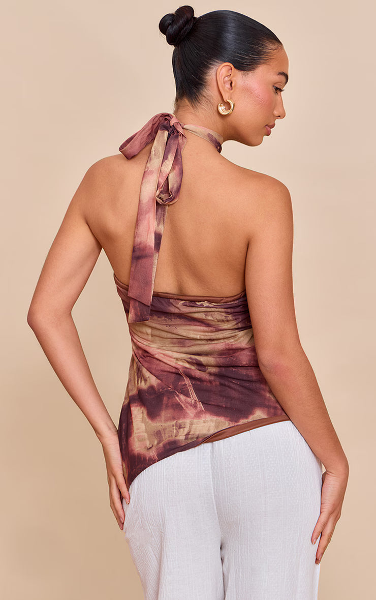 Purple Abstract Print High Neck Asymmetric Top