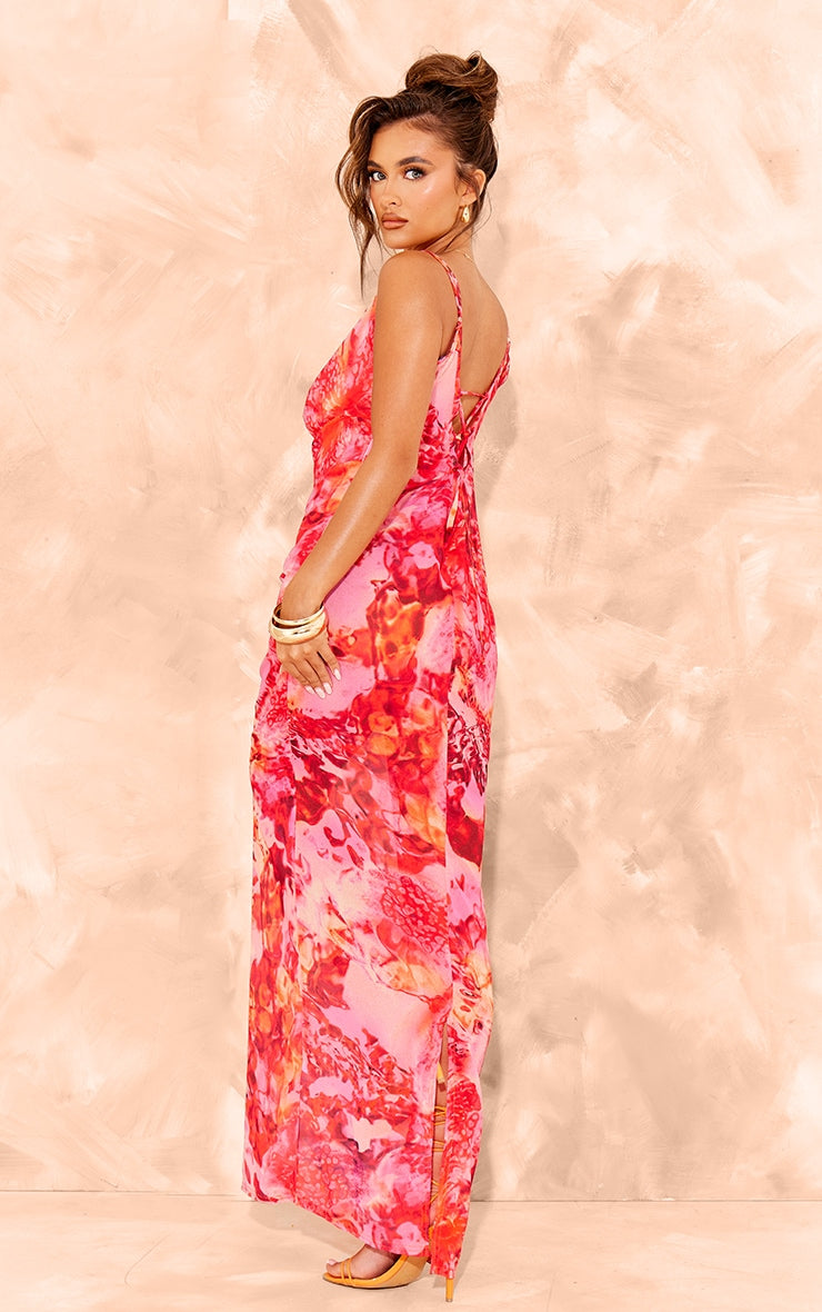 Pink Floral Print Sheer Chiffon Lace Up Back Maxi Dress