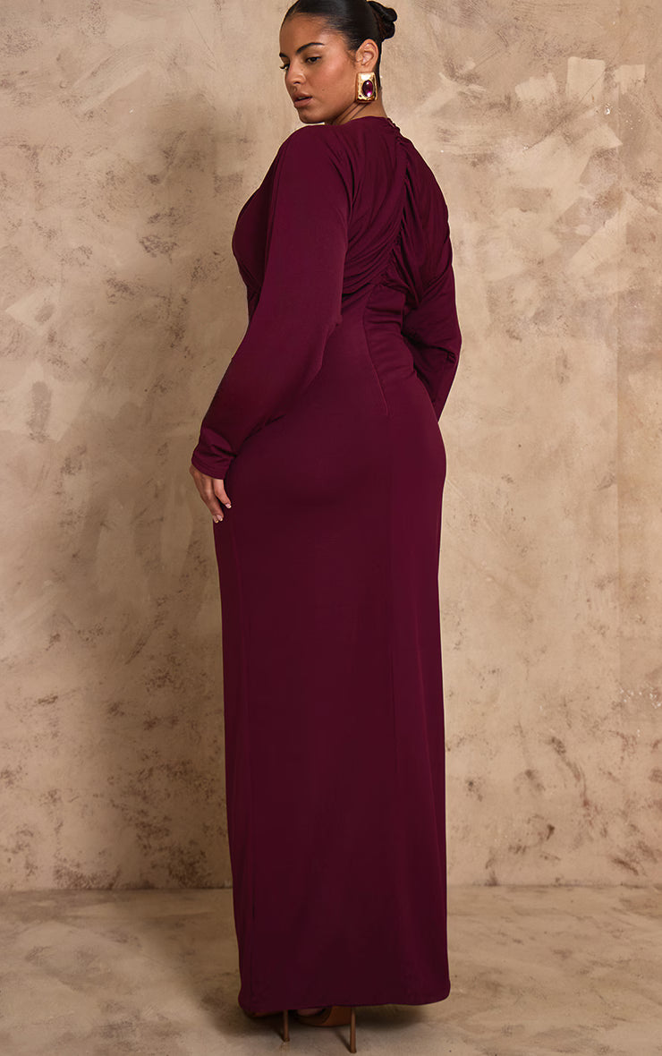 PLT Label Plus Mulberry Slinky Ruched Plunge Batwing Maxi Dress