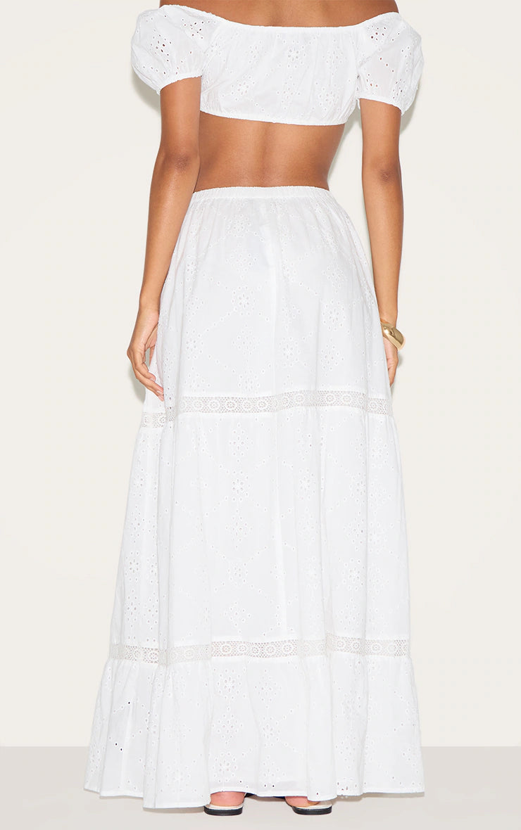White Broderie Floaty Maxi Skirt
