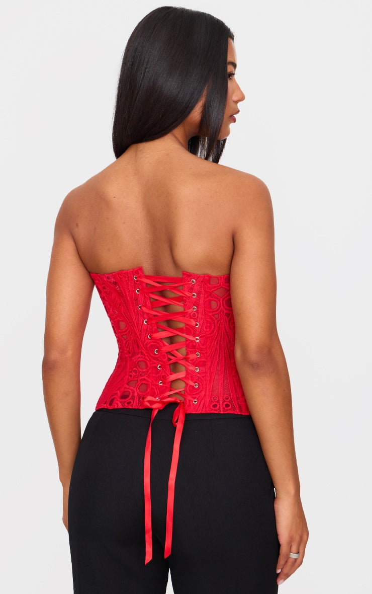 Red Textured Sheer Floral Lace Corset
