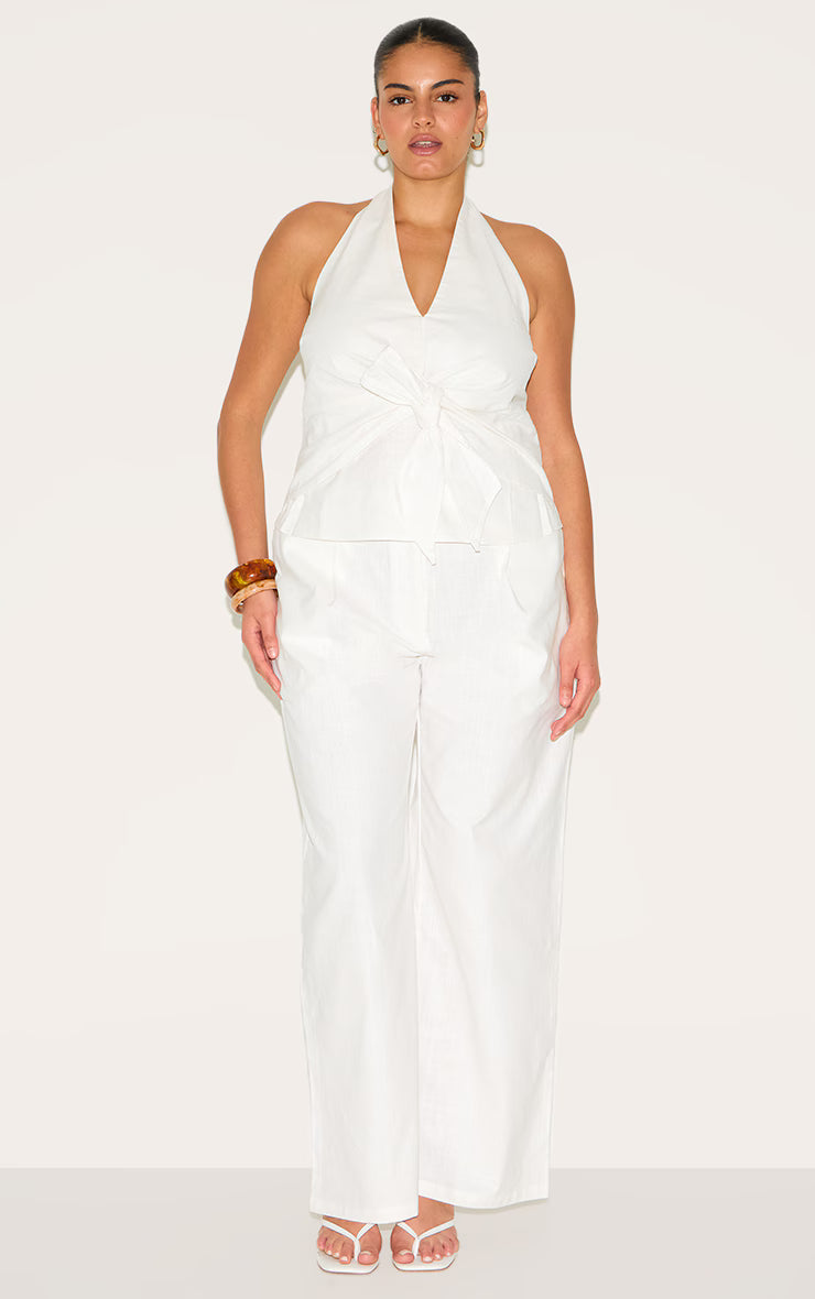 Plus White Linen Twist Front Halter Neck Top