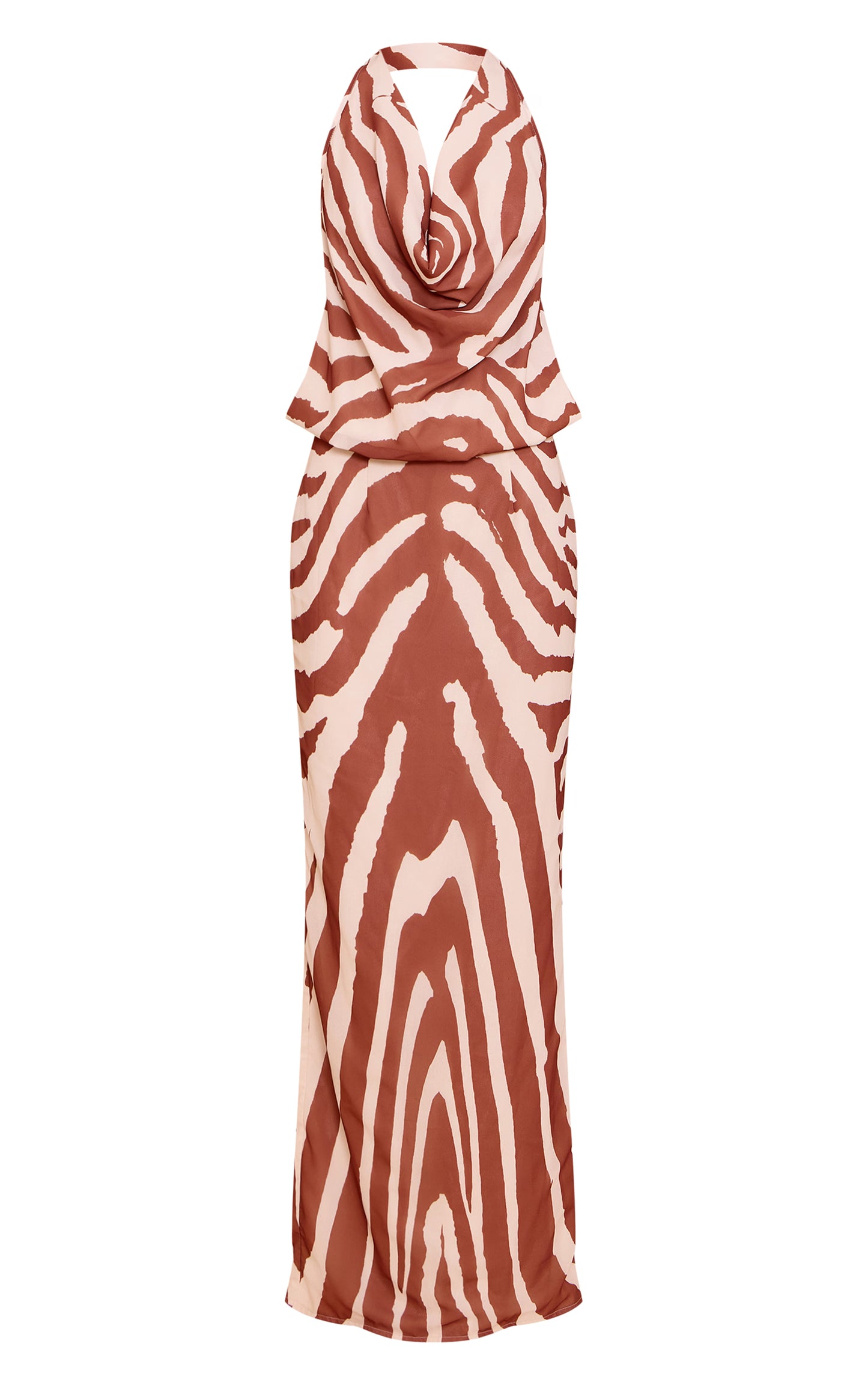 Tan Zebra Abstract Print Chiffon Cowl Neck Maxi Dress
