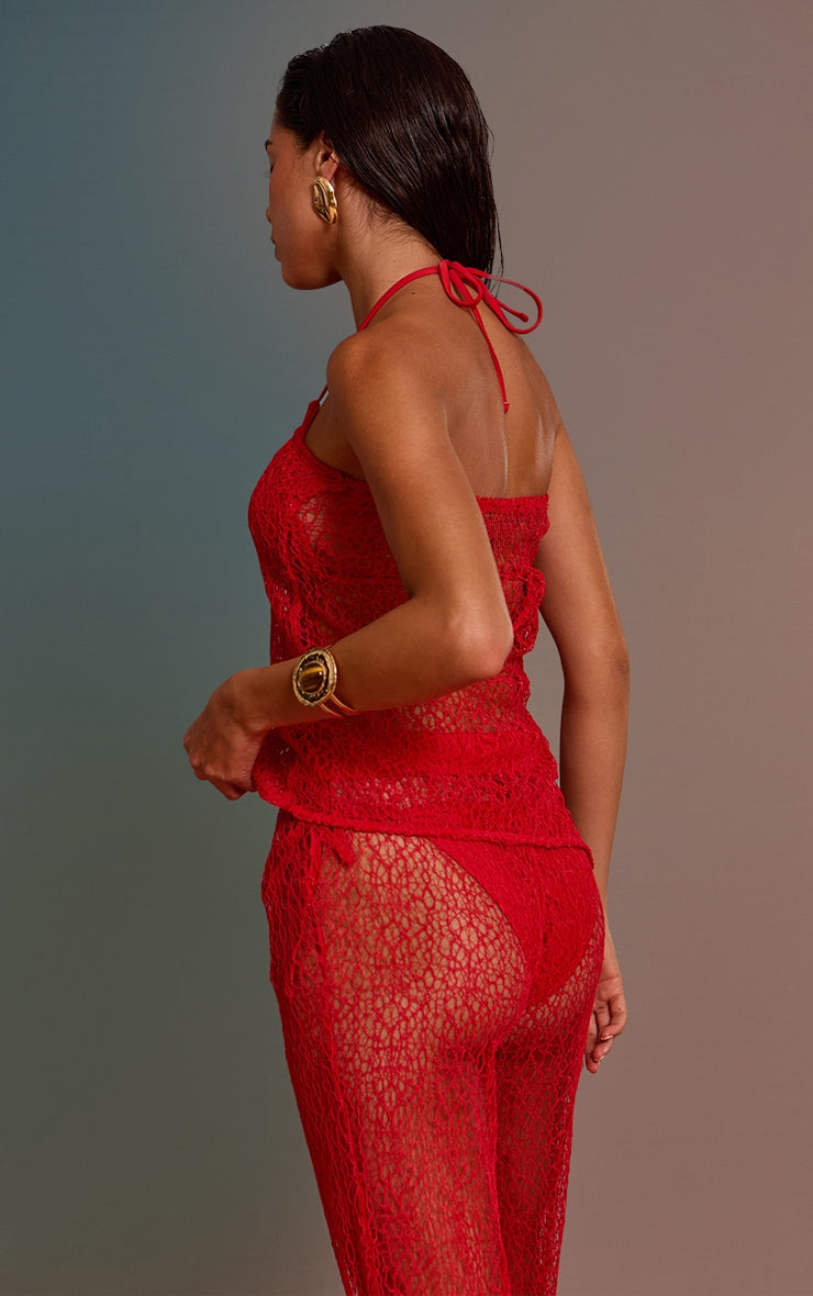 Red Textured Knit Longline Bandeau