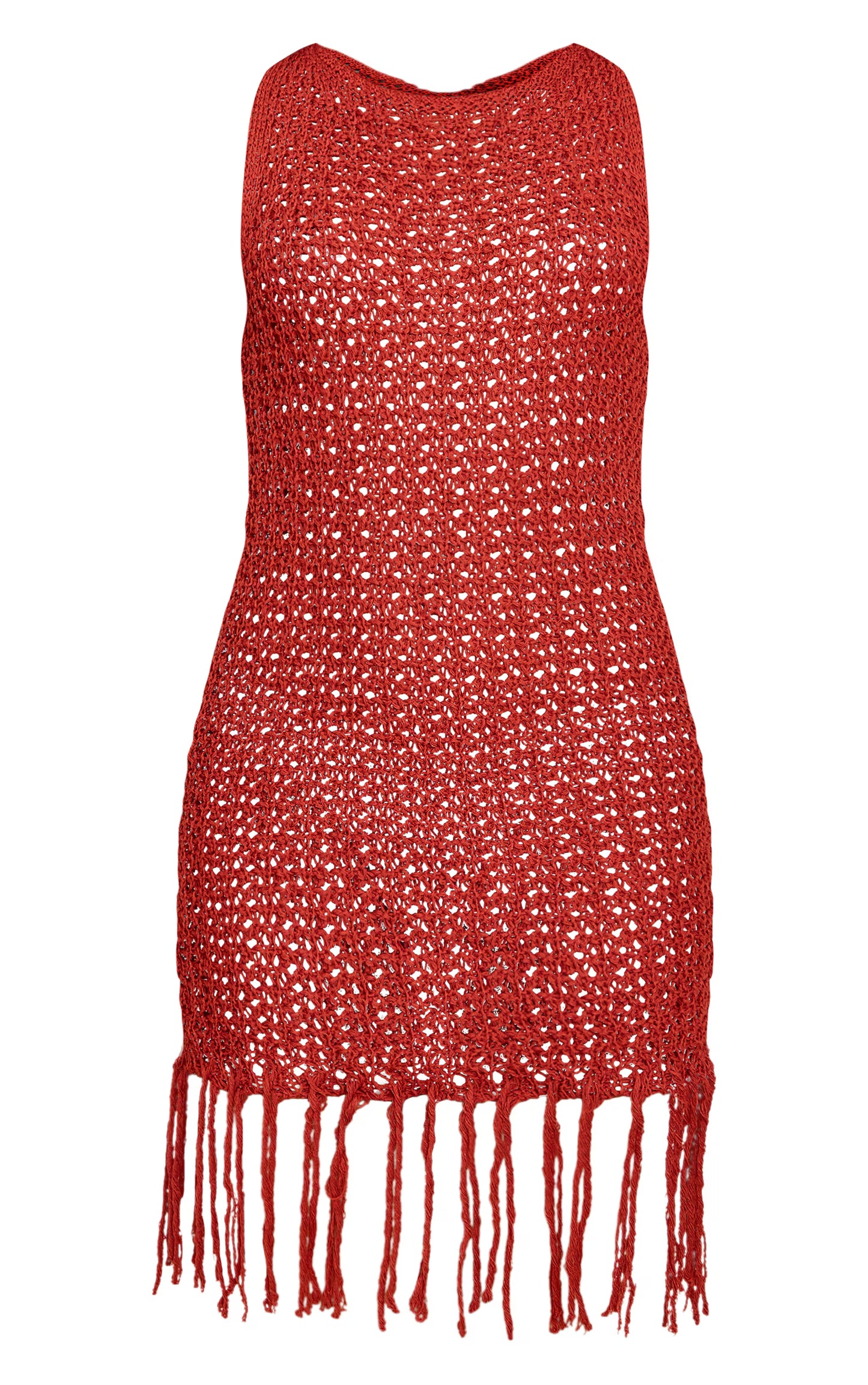 Rust Crochet Boat Neck Tassel Mini Dress