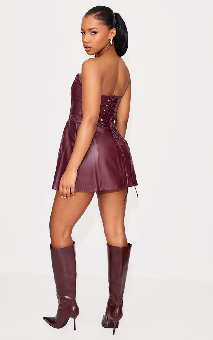 Red Faux Leather Bandeau Corset Shift Dress