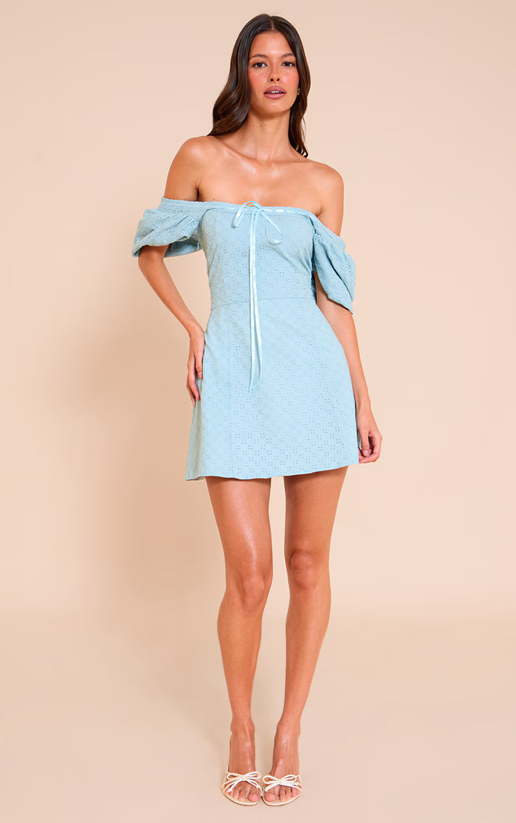 Baby Blue Broderie Puff Sleeve A-line Mini Dress