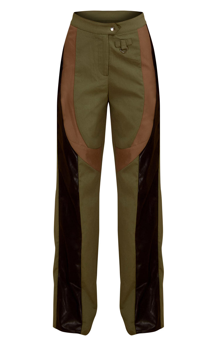 Khaki Twill Contrast Panel Straight Leg Pants