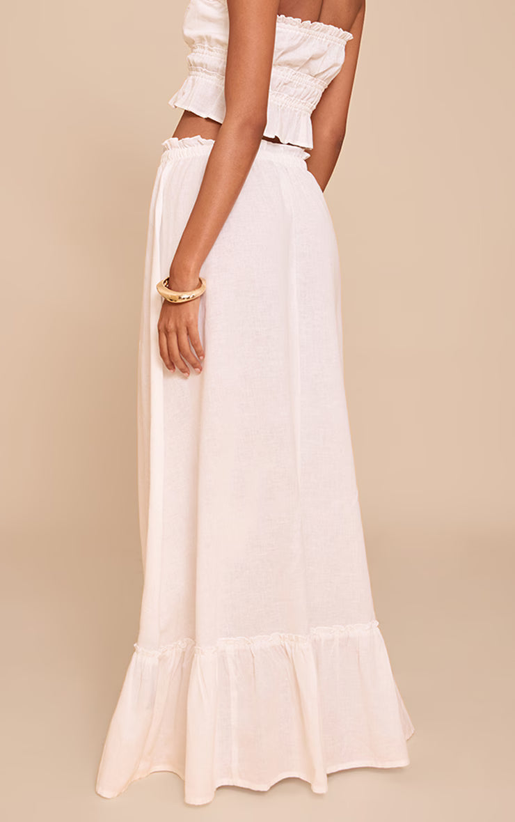 White Linen Blend Shirred Waist Maxi Skirt