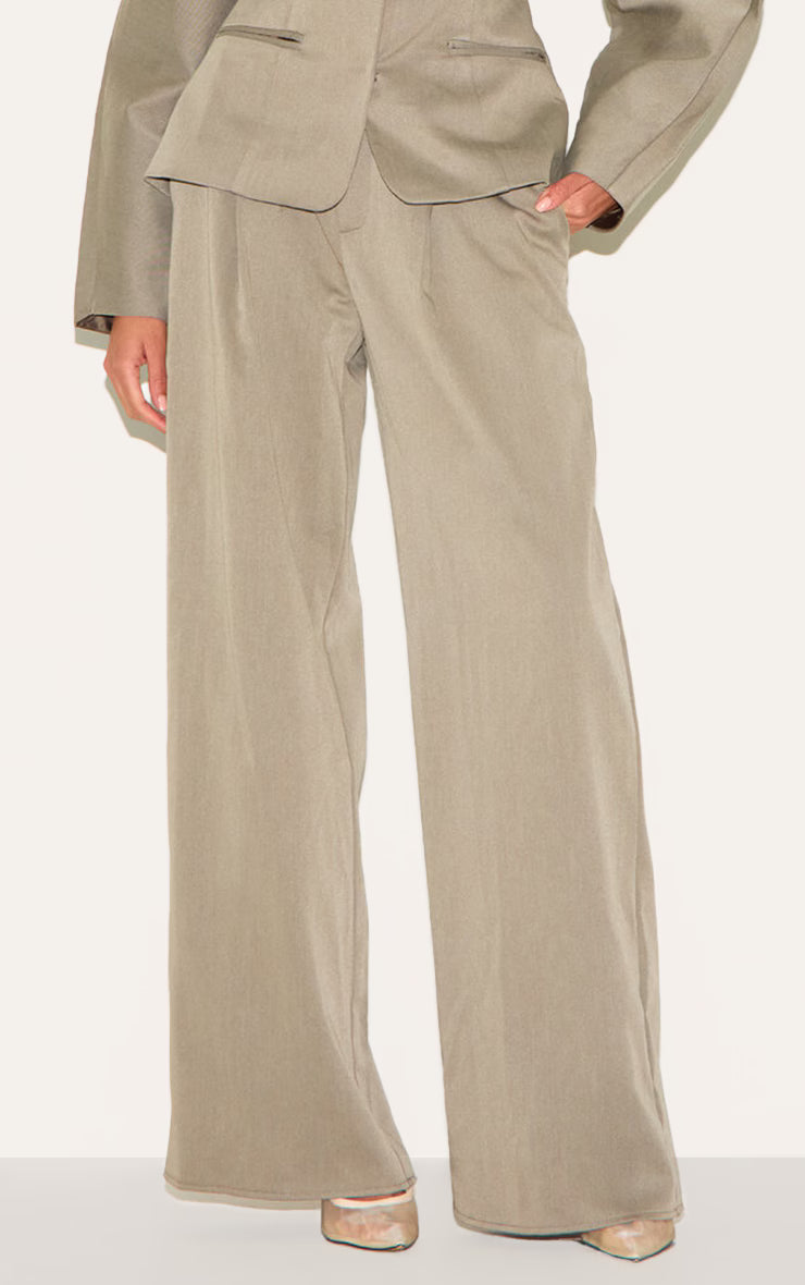 Grey Premium Woven Tailored Wide Leg Pleated Pants