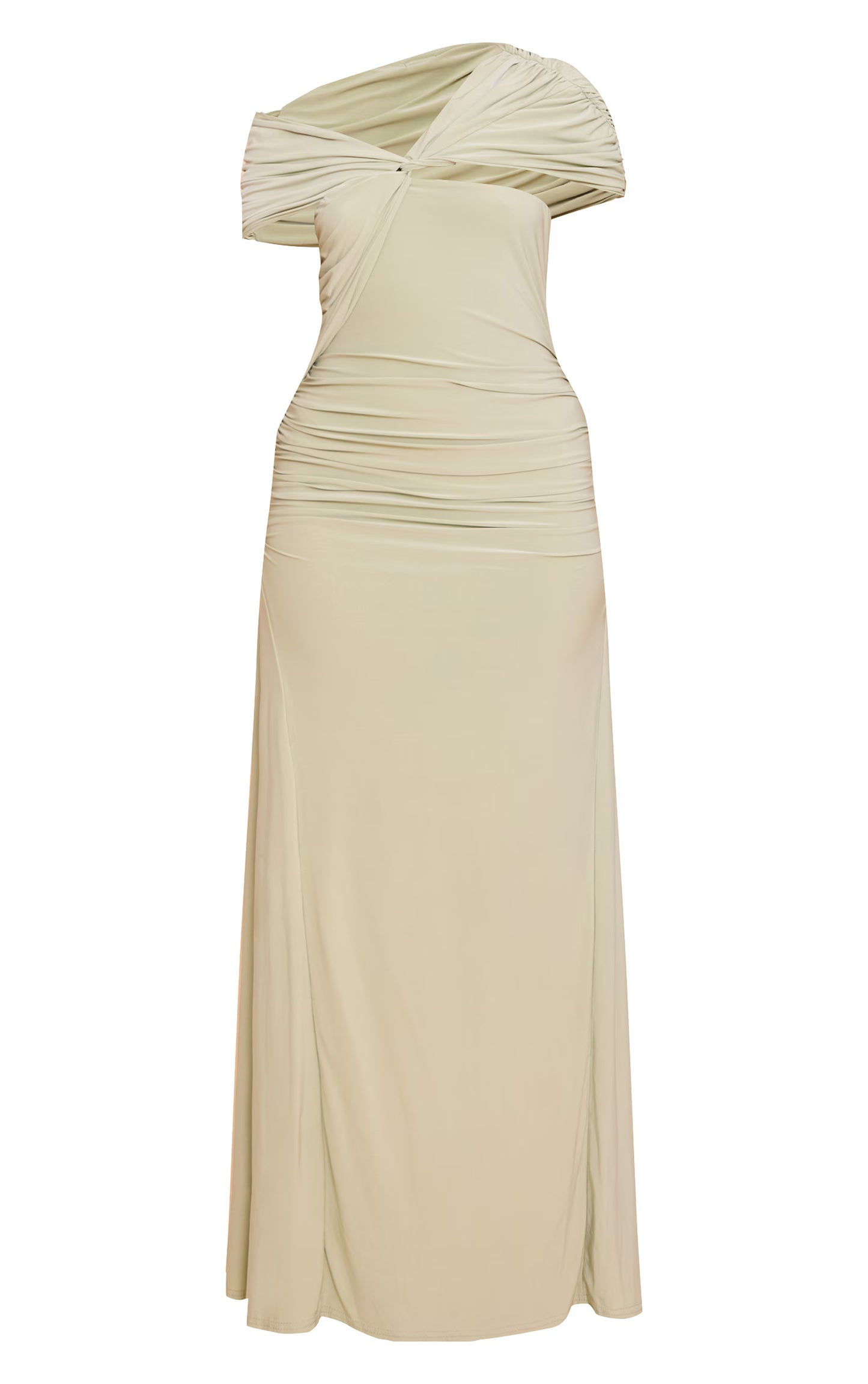 Sage Double Layer Slinky Asymmetric Ruched Maxi Dress