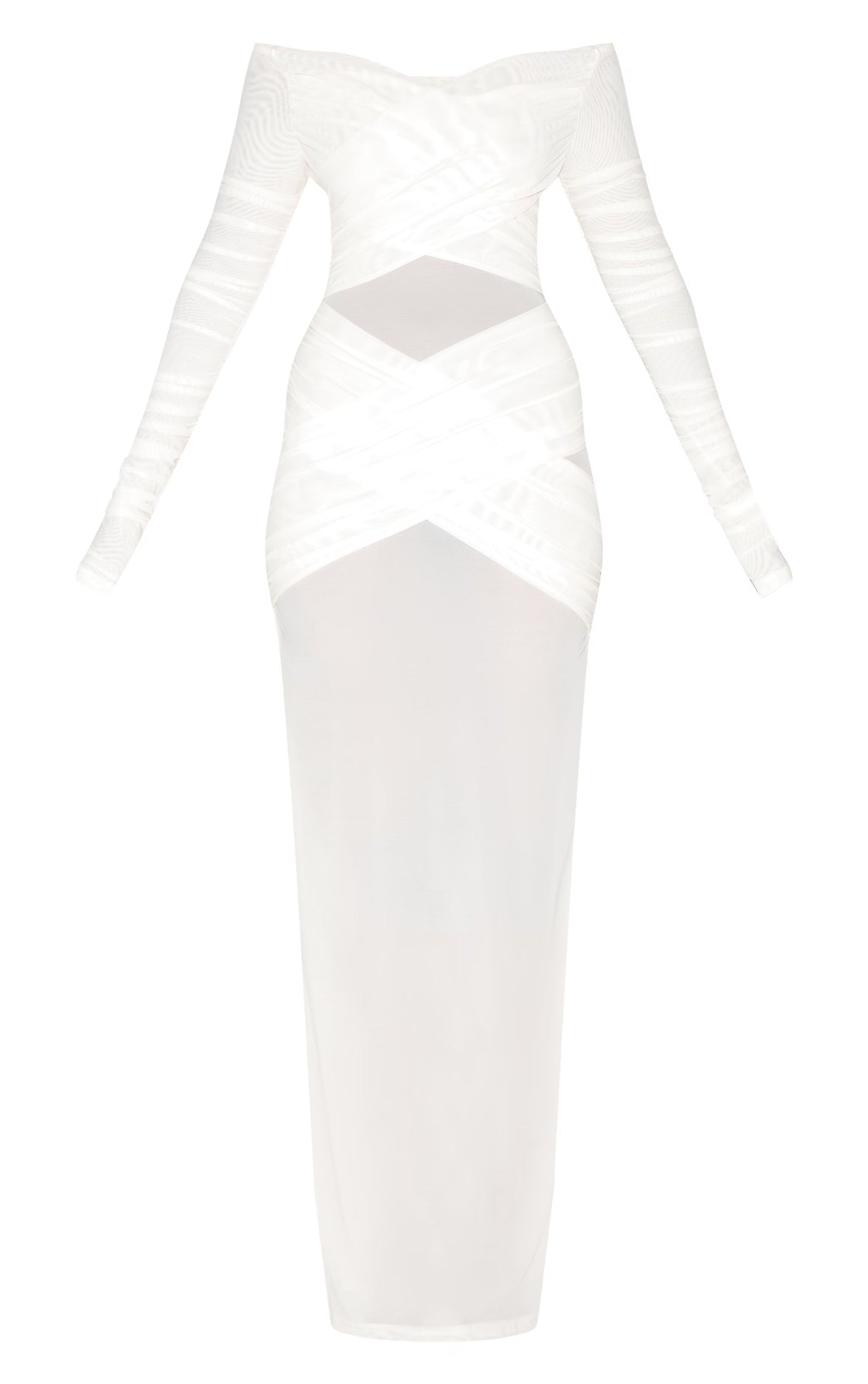 Cream Bandage Mesh Bardot Layered Ruched Maxi Dress