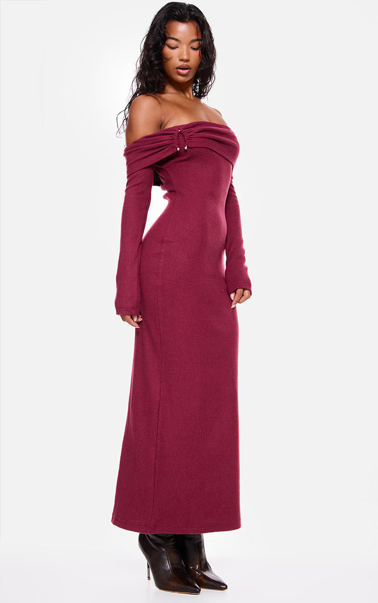 Burgundy Heavy Brushed Rib Bardot Trim Maxi Dress