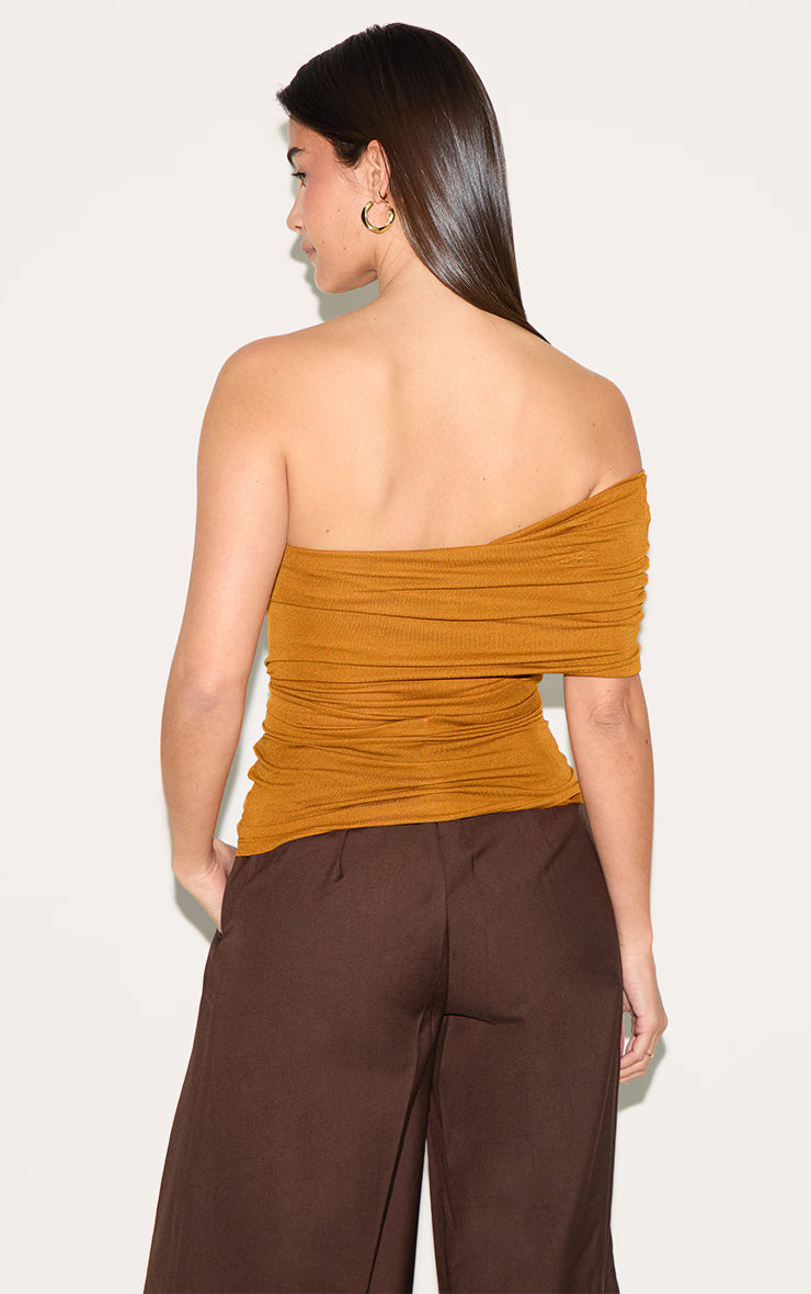 Tan Sheer Soft Touch Fold Over Detail One Shoulder Long Top