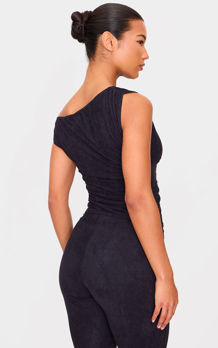 Black Faux Suede Asymmetric Ruched Top