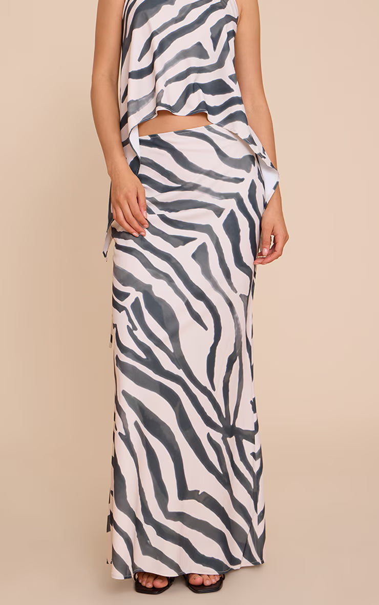 Zebra Print Floaty Woven Tie Side Low Rise Maxi Skirt