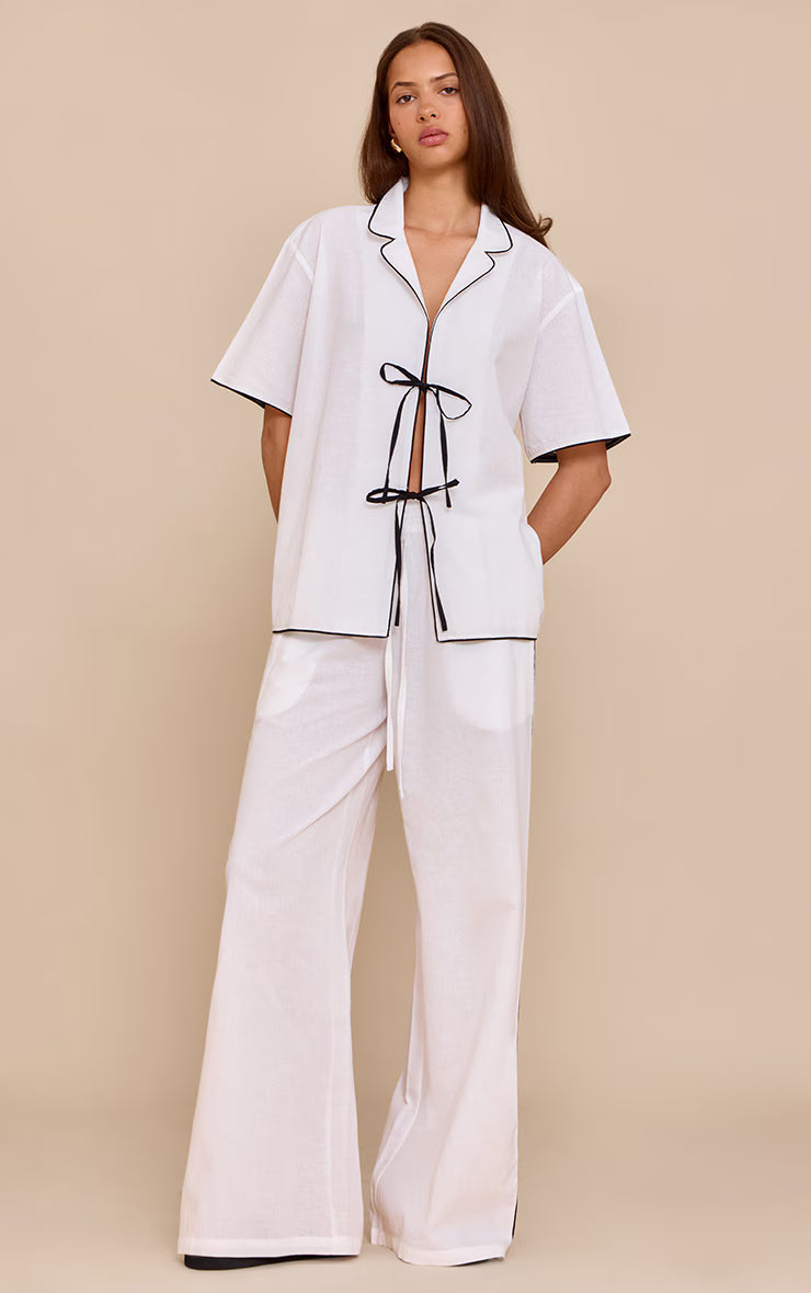 Cream Linen Look Contrast Oversized Tie Shirt