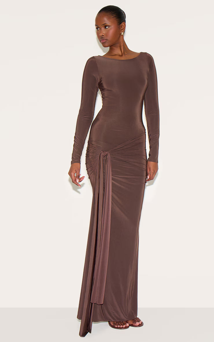 Chocolate Double Layer Slinkyy Drop Waist Knot Detail Maxi Dress