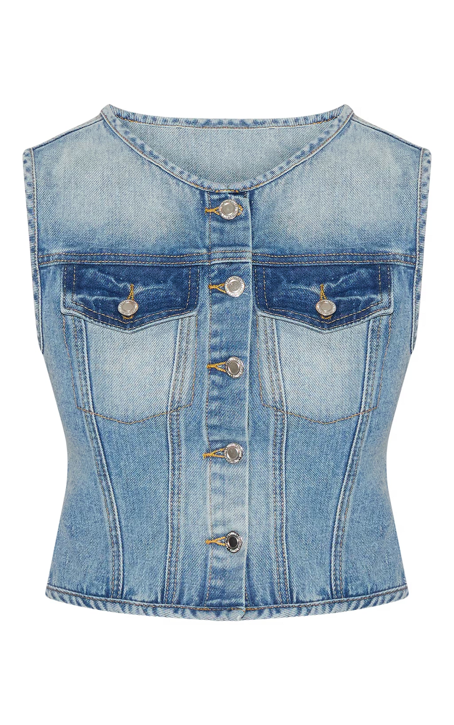 Mid Blue Wash Round Neck Sleeveless Denim Crop Top