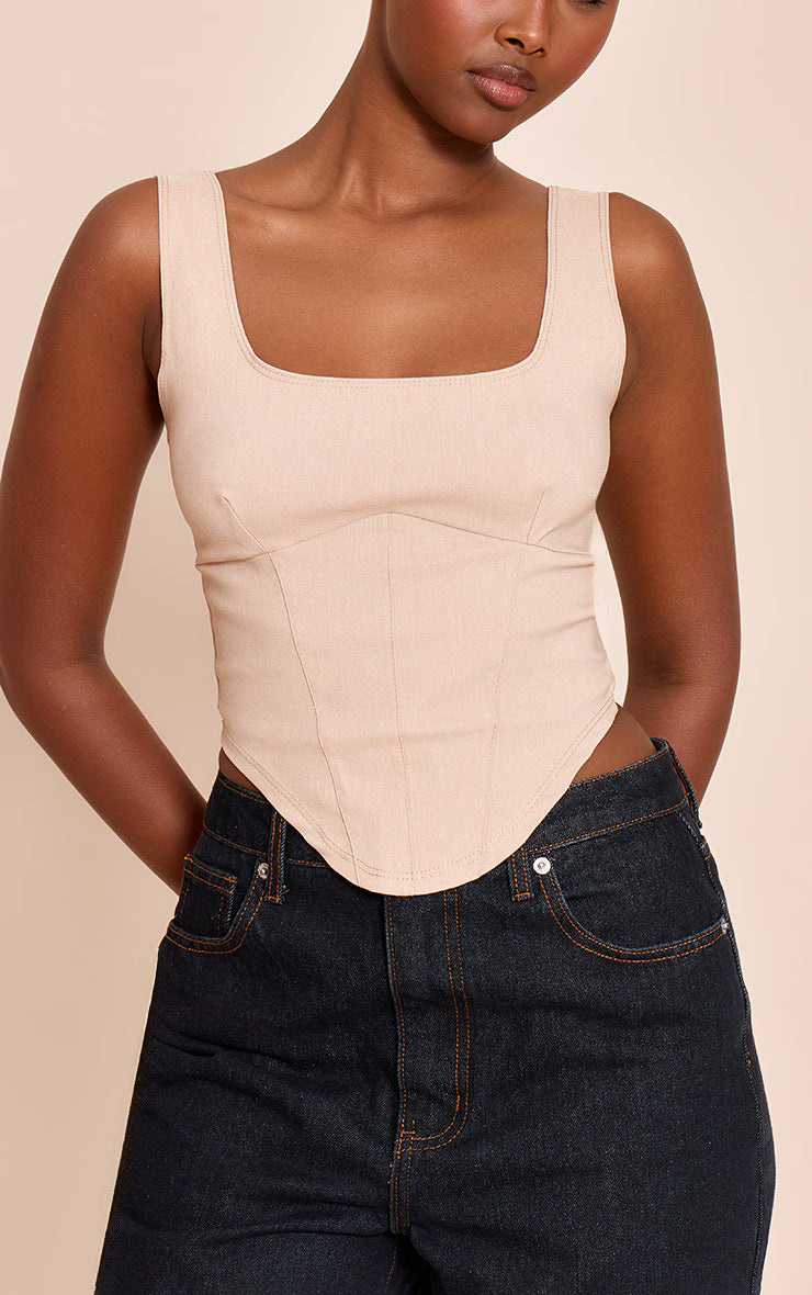Cream Marl Stretch Woven Square Neck Corset Top