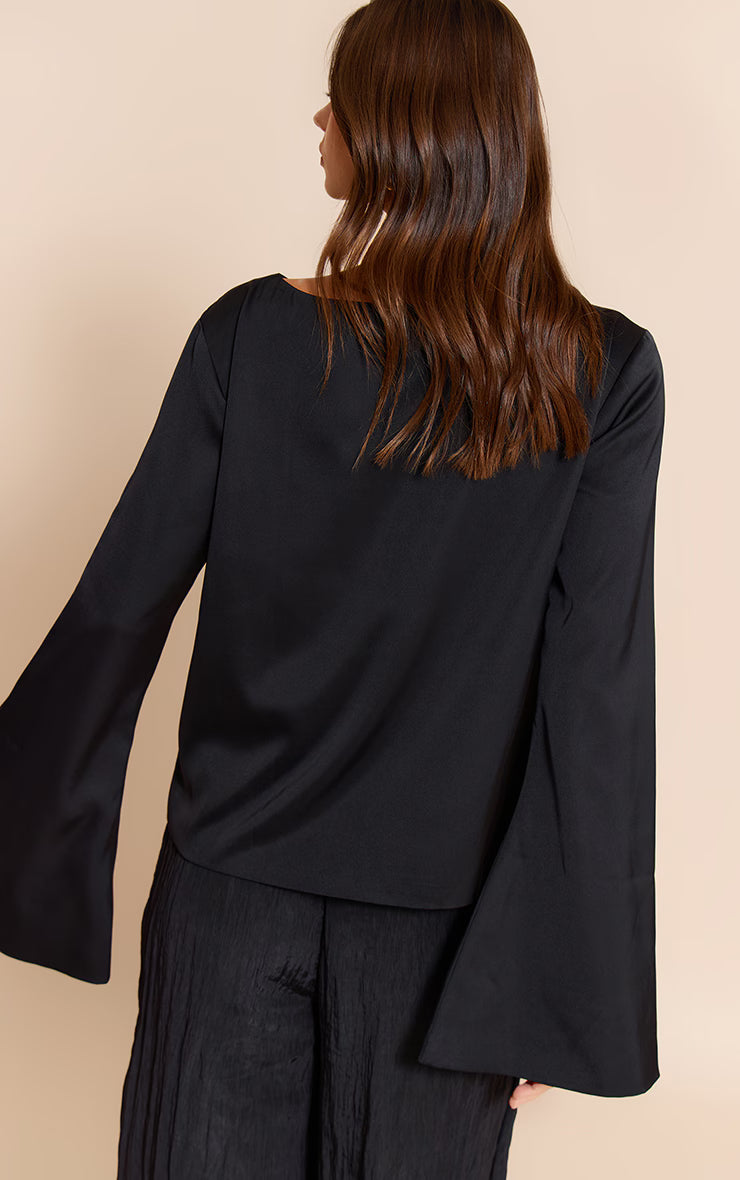 Black Satin Boat Neck Flare Sleeve Top