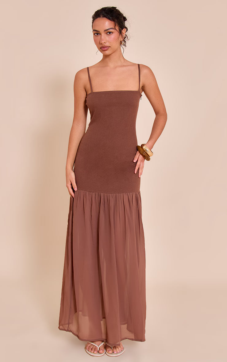 Chocolate Linen Look Strappy Dropped Waist Maxi Dress