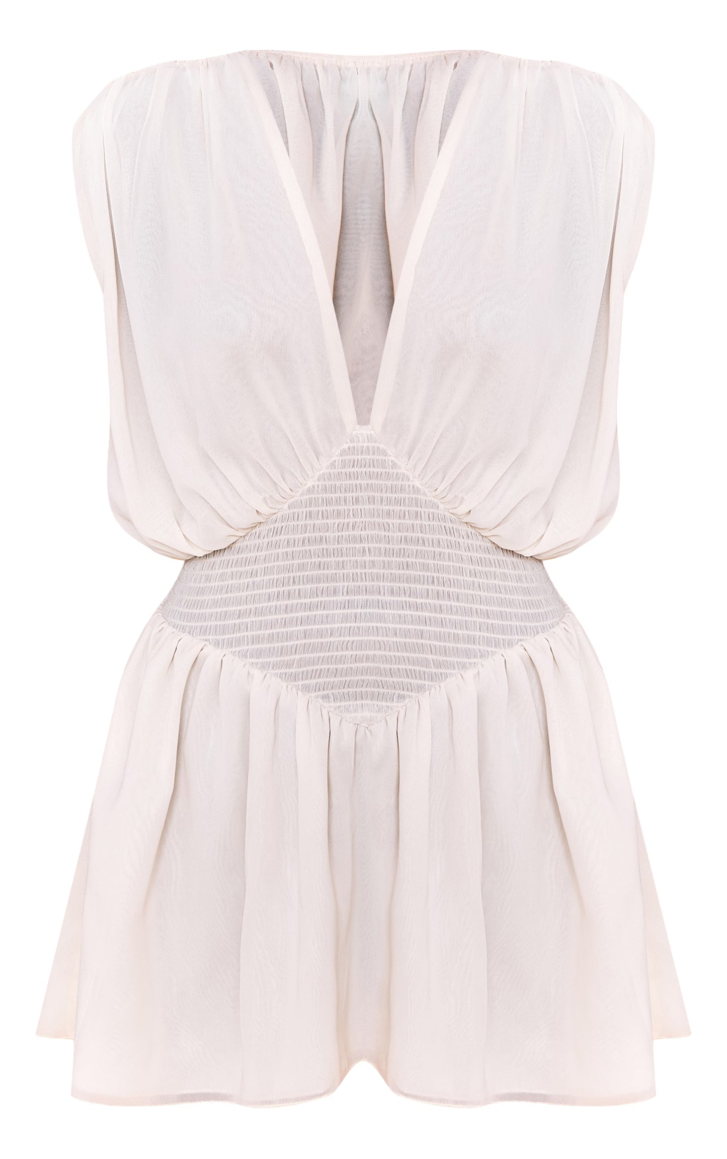 Almond Chiffon Shirred Mini Dress
