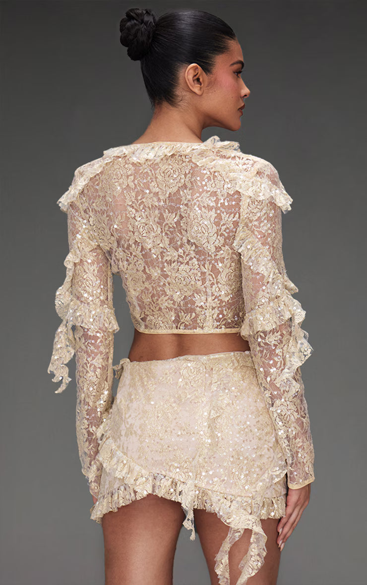 Champagne Sequin Lace Ruffle Detail Tie Front Blouse