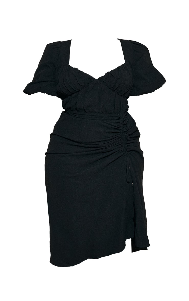 Plus Black Puff Sleeve Ruched Split Side Midi Dress