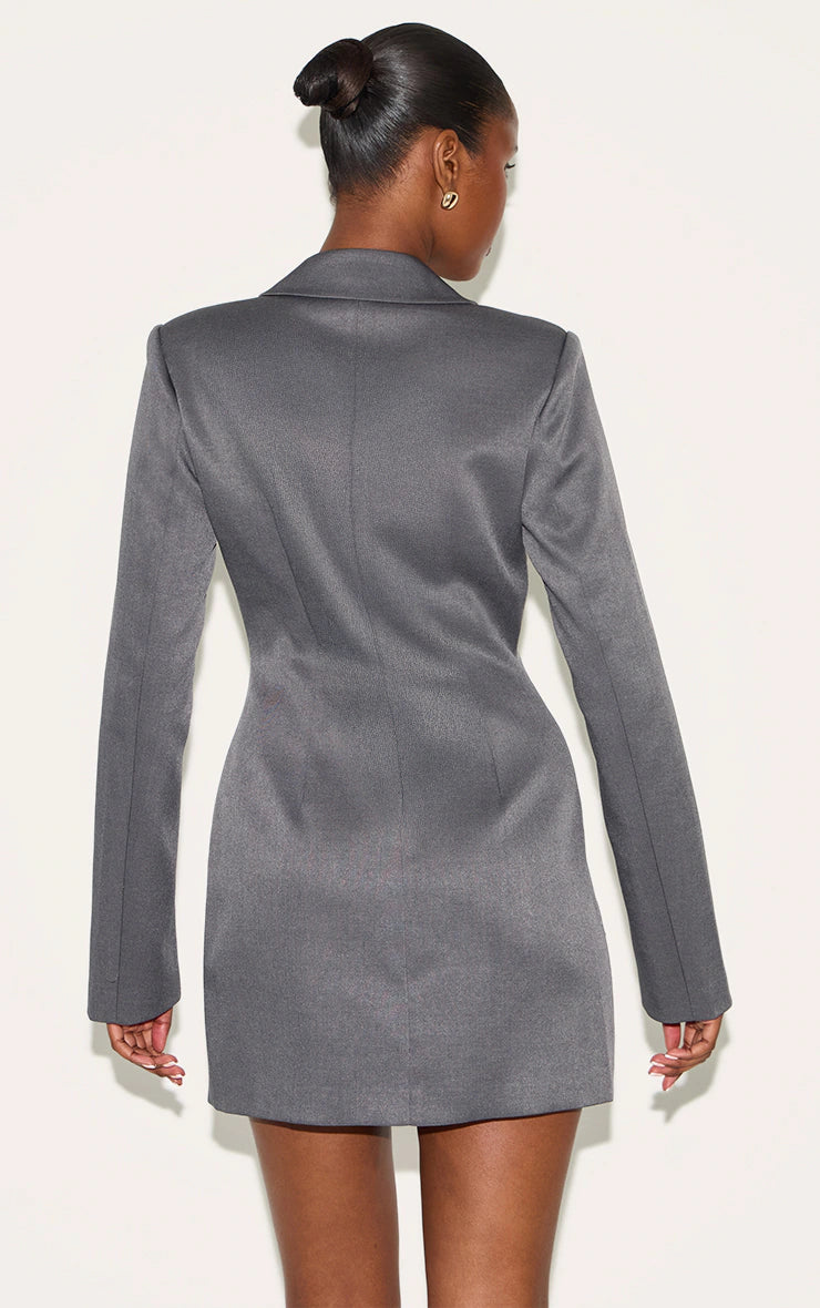 Charcoal Tailored Long Sleeve Cinched Waist Blazer Dress