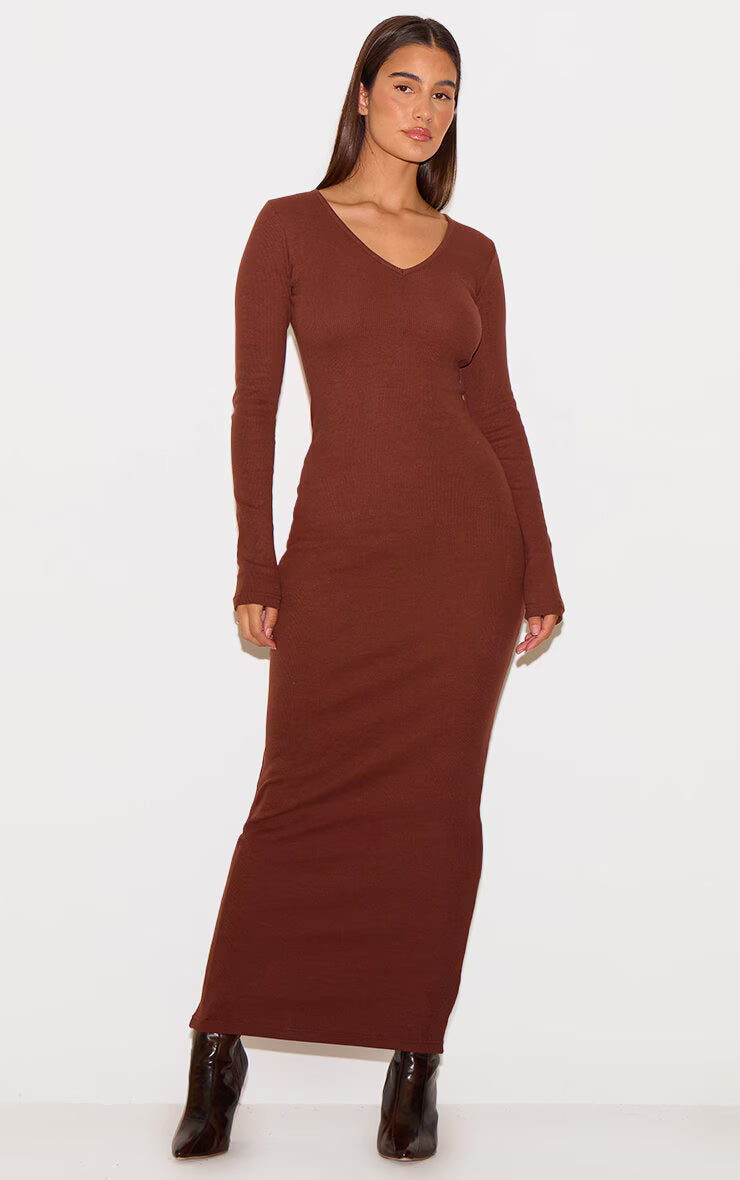 Chocolate Ribbed V Neck Long Sleeve Maxi Dress