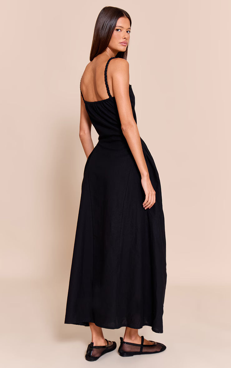 Black Braided V Waist Midaxi Dress