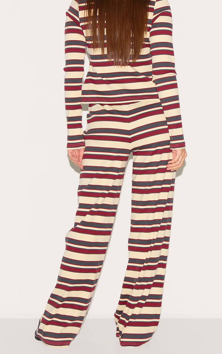 Burgundy Striped Mid Rise Ribbed Straight Leg Pants