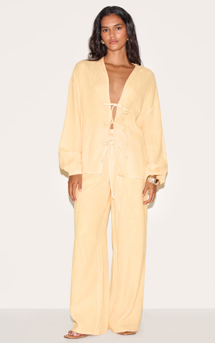 Lemon Textured Cheesecloth Tie Front Shirt