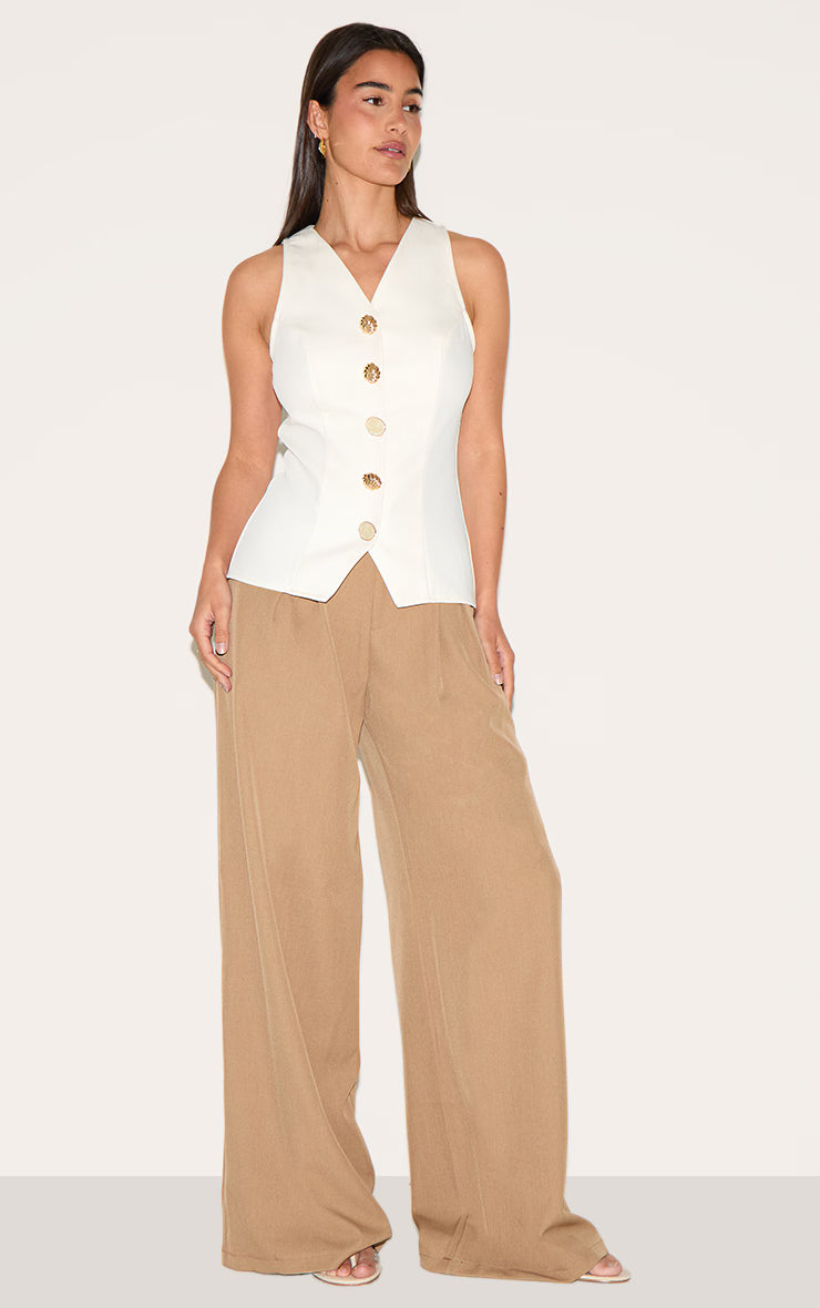 Cream Woven Gold Button Detail Fitted Vest